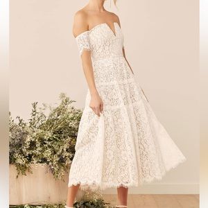 Lulus Absolutely Stunning White Lace off the Shoulder Midi Dress Size Medium